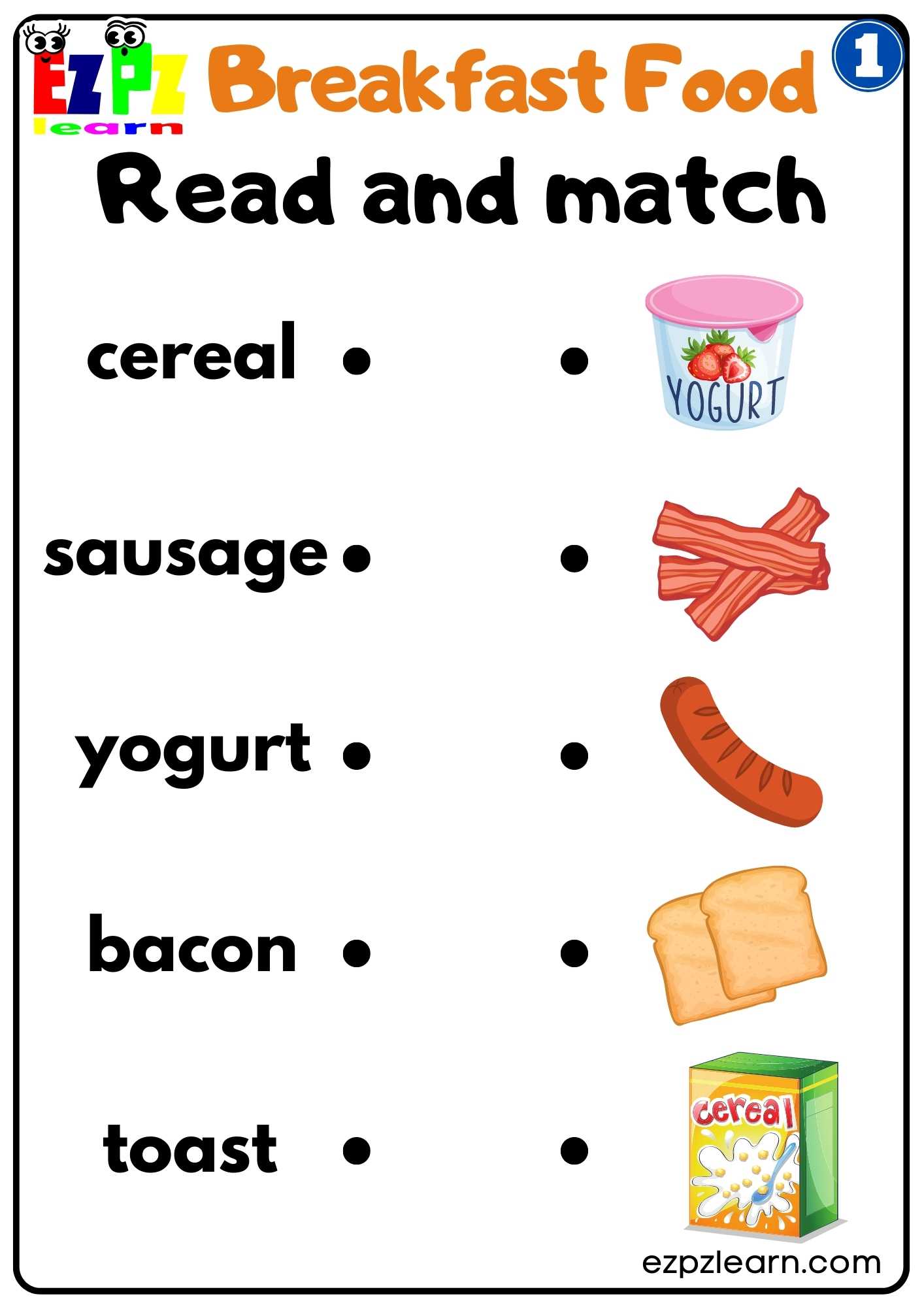 Group 1 Breakfast Food Vocabulary Read and Match Worksheet for K5 and ESL Students Free PDF Download